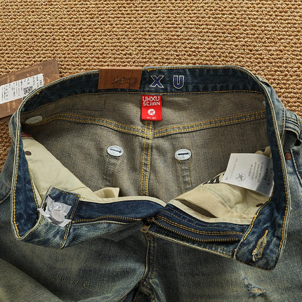 2025 Summer New American Retro Heavyweight Elastic Denim Jeans Men's Simple 93.7% Cotton Washed Old Straight Casual Patch Pants