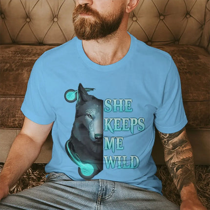 Vintage Wolf Print T Shirt For Couple "He Keeps Me Safe She Keeps Me Wild" Women Men Harajuku Husband Wife Anniversary Tshirts