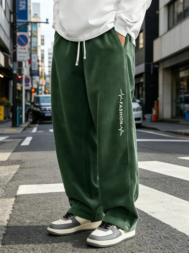 Men's corduroy wide leg pants with elastic drawstring, loose straight leg pants, fashionable letter printed streetwear,   S-4XL