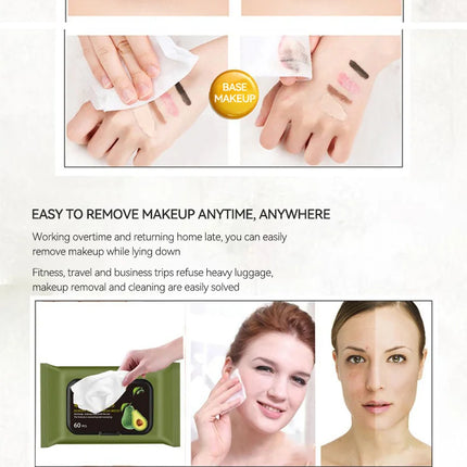 Avocado Makeup Remover Towel - Large Volume 60pcs, 3-in-1 Gentle Deep Cleansing for Eyes, Lips & Face,One-time makeup remover