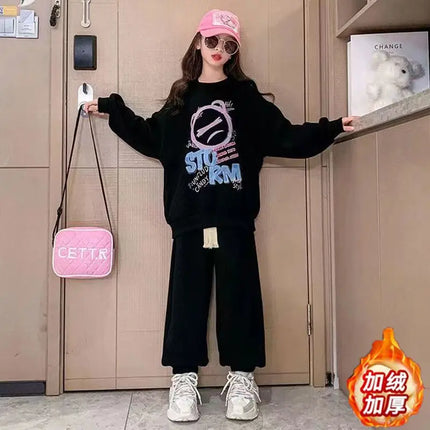 2025 autumn winter girl cloth bear letters loose velvet sweatshirt t shirt top + ankle tied pant teens child set 4 10 12 15 year