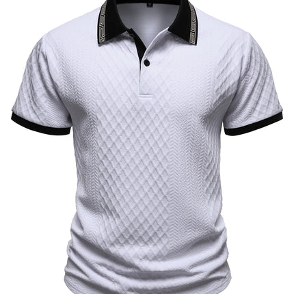Men's casual sports jacquard short sleeved button polo shirt with a lapel knit top