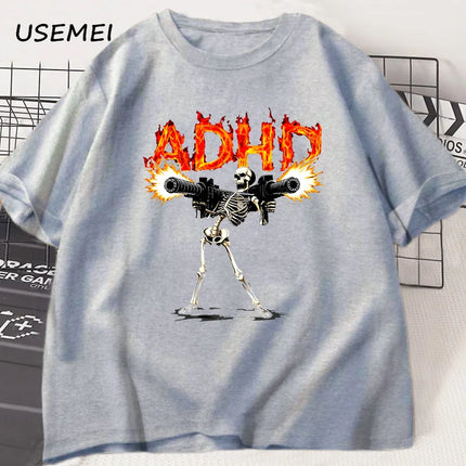ADHD Skeleton Meme T Shirts for Men Casual Cotton Short Sleeve Tees Streetwear Loose Fashion Skull Graphis T Shirts Streetwear