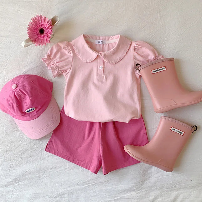 Solid Button Polo Shirt For Girls Cute Children Clothes Casual Short Sleeve T-shirt