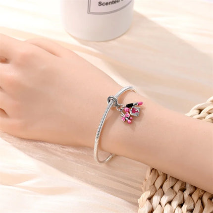 100% 925 Sterling Silver Fashion Pink Princess Skirt Bag Lipstick Charms Beads Fit Qikaola Original Bracelets DIY Jewelry Gifts