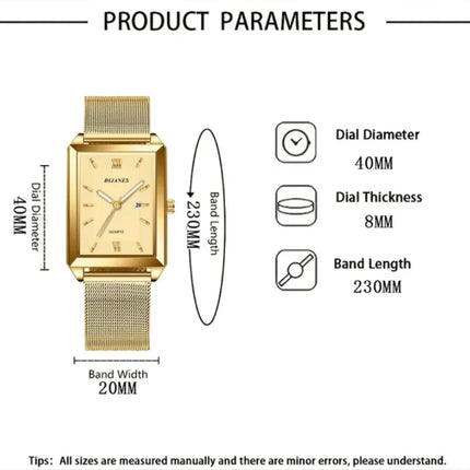 Luxury Men's Golden-Tone Business Watch,Rectangular Dial Quartz Movement, Mesh Band Analog Display Durable & Stylish Timepiece