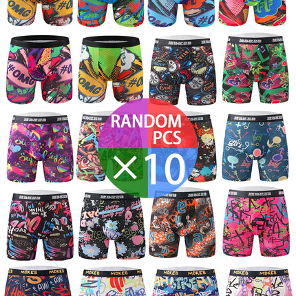 Ten-piece mixed men's graffiti pattern long boxer briefs, breathable and comfortable high-elasticity long boxer briefs, boxing