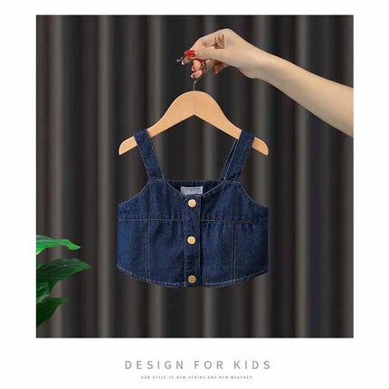 New Girls Denim Strappy Sets Baby Fashion Casual Suit Spring Autumn Children's Long-Sleeved Sweet Three-Piece 12M-4 Years Old