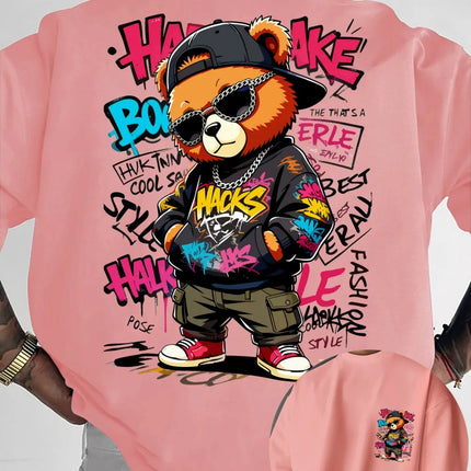 European and American men's summer teddy bear graffiti print comfortable and breathable round neck T-shirt outdoor street top