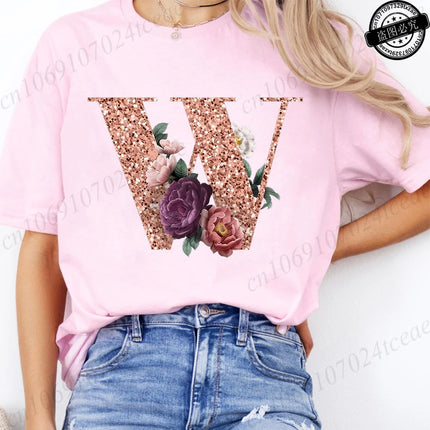 T Shirt for Women Clothing Summer Short Sleeve Tee shirts Rose Gold Letter A~Z Printed Graphic Tops Female T-Shirts Clothing
