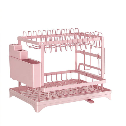 2-Tier Dish Drying Rack with Rotating Drain Spout, Rustproof Heavy-Duty Dish Rack with Utensil Holder, Space-Saving