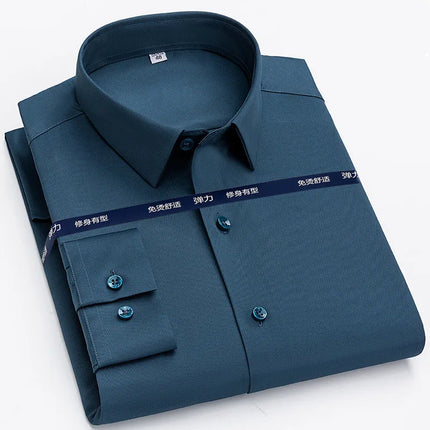 6XL Men Shirt Long Sleeve Slim Fit Luxury Smooth Soft Anti-wrinkle Non-ironing Solid Color Ice Silk Shirts Men Long Sleeve