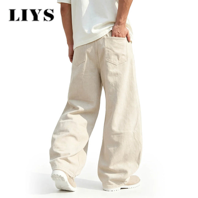 LIYS Men's American Beige Loose Wide Leg Jeans High Waisted Streetwear Hip-Hop Fashion Loose Denim Pants Y2K Retro Casual Pants