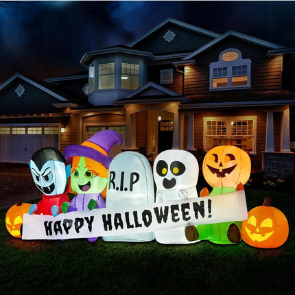 8 FT Long Pumpkin Ghost Vampire Witch Tombstone Inflatable Halloween Decor Outdoor Halloween Blow Up Decorations Inflatable  with LEDs for Yard Decorations