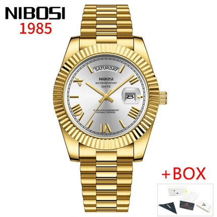NIBOSI Brand Luxury Gold Red Quartz Watch for Men, Stainless Steel, Waterproof, Luminous, Date, Week, Fashion Men's Watches, Reloj Hombre