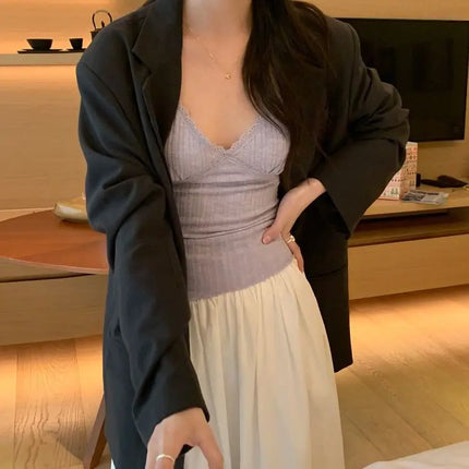 Pure Desire Lace Trim Camisole Tank Top with Chest Pad Summer Slimming Inner Wear Outerwear Beautiful Ba Boting Underwear