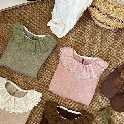 1-12 Years Long-Sleeved Shirts Children's Spring Knitted Tops Baby's Lace 2025 Lace Base Shirt Korean Girls Ruffle Collar T-shirt
