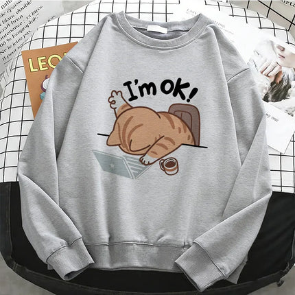 Funny Womens Solid Hoodies Computer Cat Basic Warm Fleece Sweatshirt Soft Breathable O-Neck Pullover Casual Female Clothes