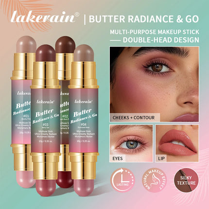 Double-Headed Bronzer Blush Stick Butter Glow & Go Multiuse Stick for Cheeks Contours Eyes Lips Blush Matte Light Glossy Bronze