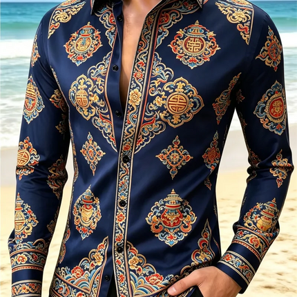 New Colorful Fluid Art Printed Men's Long Sleeve Shirt Trendy Brand Personalized Casual Slimming Shirt