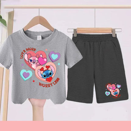Disney 2026 Summer Round-neck Short-sleeved Set Girl Stitch Printed T-shirt Fashion Child Top+Shorts Casual Daily Sportswear Set