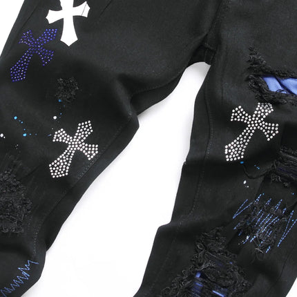 Men Crystal Cross Stretch Denim Jeans Holes Ripped Distressed Black Pants Embroidery Slim Tapered Trousers