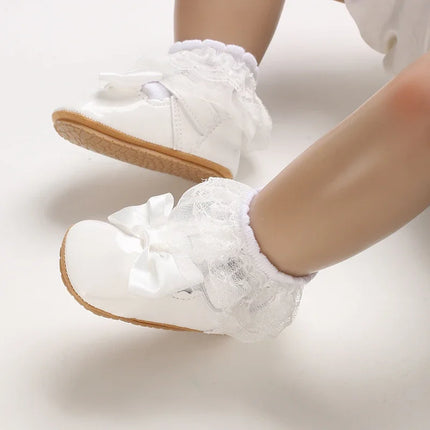 Cute White Lace Baby Girl Princess shoes  Baby Moccasins Moccs Shoes Bow Fringe Rubber Soled Non-slip Footwear Crib Shoes