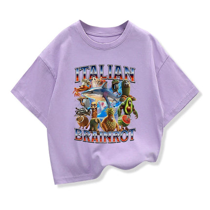 Kids Loose T-shirt Children's Summer Short Sleeved Tops With Funny Italian Brainrot Meme Graphic Boys Basic Pure Cotton Clothes
