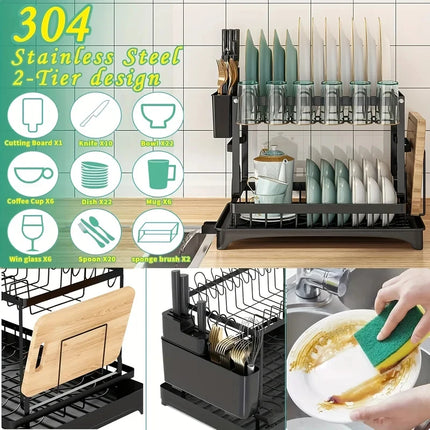 Double Layer Drainable Tableware Rack Large Capacity Metal Stand Lockable Bowl Holder Kitchen Storage Organizer