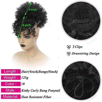 Synthetic Afro Puff Kinky Curly Hair Updo Ponytail Extension with Bangs Drawstring Ponytail for Black Women, Afro Hair Ponytail