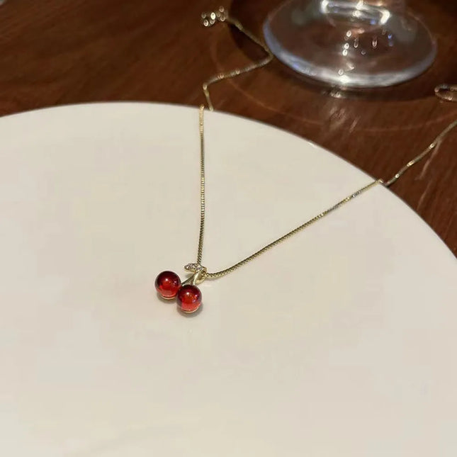 Sweet Red Cherry Pendant Necklace Dangle Stud Earrings Jewelry Set Shiny Gold Chain Zircon Women Trendy Jewelry