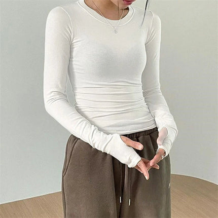 Women Casual Slim Fit Long Sleeve O-Neck T-shirts Tops Spring Fall Solid Color Tees with Thumb Holes Streetwear