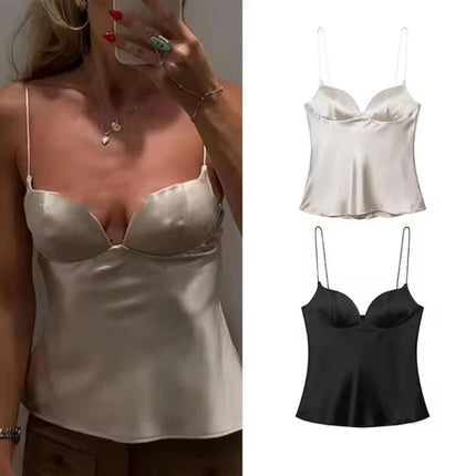 Autumn Satin Textured Black Sling Tops Women Elegant V-neck Backless Tops Shirt Women Sexy Tops Club Party Tanks 2025 New