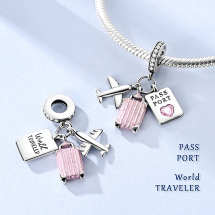 925 Sterling Silver Travel Passport Trunk Charms Fit Original Bracelet Diy Airplane Earth Beads for Jewelry Making Gift