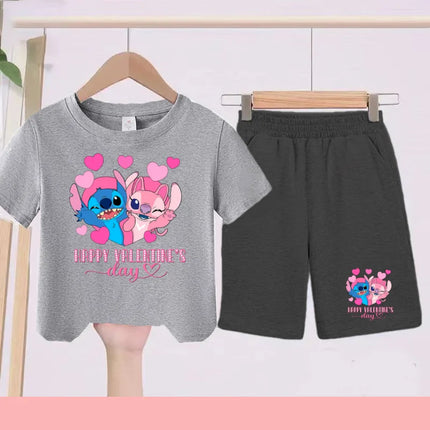 Disney 2026 Summer Round-neck Short-sleeved Set Girl Stitch Printed T-shirt Fashion Child Top+Shorts Casual Daily Sportswear Set
