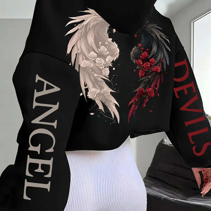 Women's Plus-size Hooded Sweatshirt Gothic Angel and Demon Pattern Autumn and Winter Fleece Streetwear Oversized Loose Casual