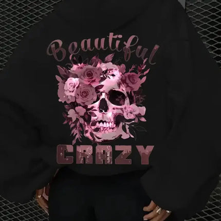 Women's autumn and winter casual hoodie with skull and floral print hooded drawstring round neck long sleeved warm pullover