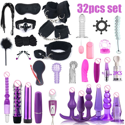 BDSM SexLove Set Kits Adults Sex Toys for Women Men Handcuffs Nipple Clamps Whip Spanking Sex Metal Anal Plug Vibrator Butt