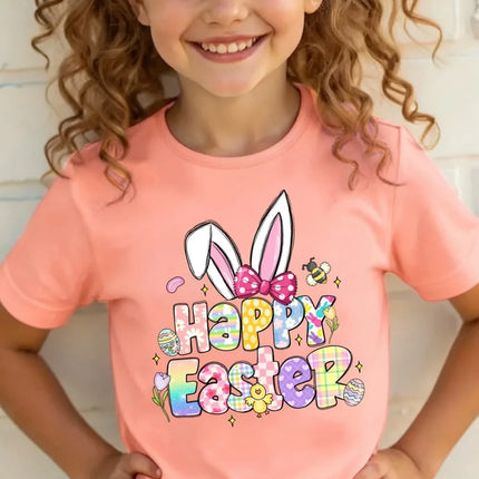 2026 Happy Easter T-Shirt for Girls Bunny Cute Rabbit Ear Letter Graphic Summer Tee Boys Girls Short Sleeve Children's Clothing