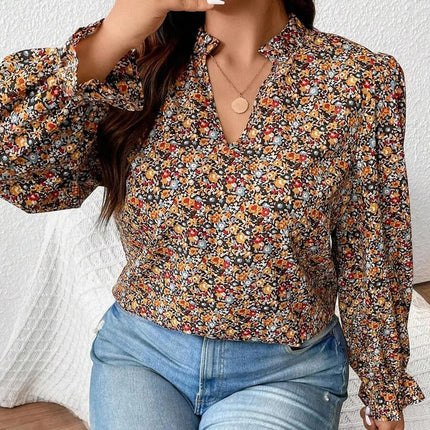 Plus Size Women's Shirt, Flower Print V Neck Long-Sleeved Top, Loose Fit, Elegant Design, Fabric Soft, Vacation Casual Shirt