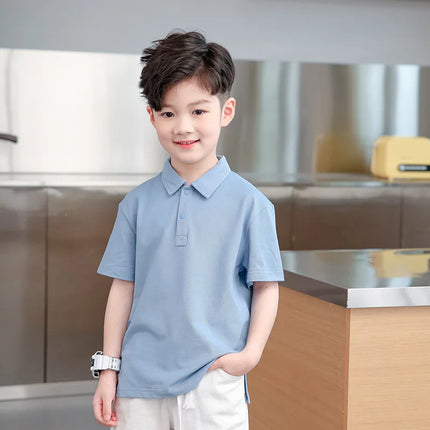 New Boys' Polo Shirt Thin Short Sleeve Mid to Large Boys' Summer Clothes Flip Collar Half Sleeve T-shirt Children's Pure Cotton
