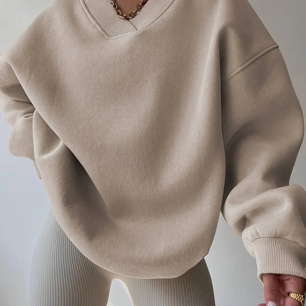 Cozy Women's Solid Color Pullover Sweatshirt, Long Sleeve V Neck Casual Wear for Fall & Winter Seasons