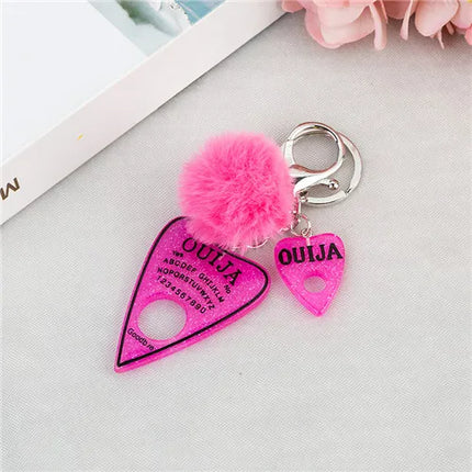 1PC Women Ouija Planchette Keychain Resin Pompom Charms Handbag  Keyring With Puffer Ball Punk Board Crafts