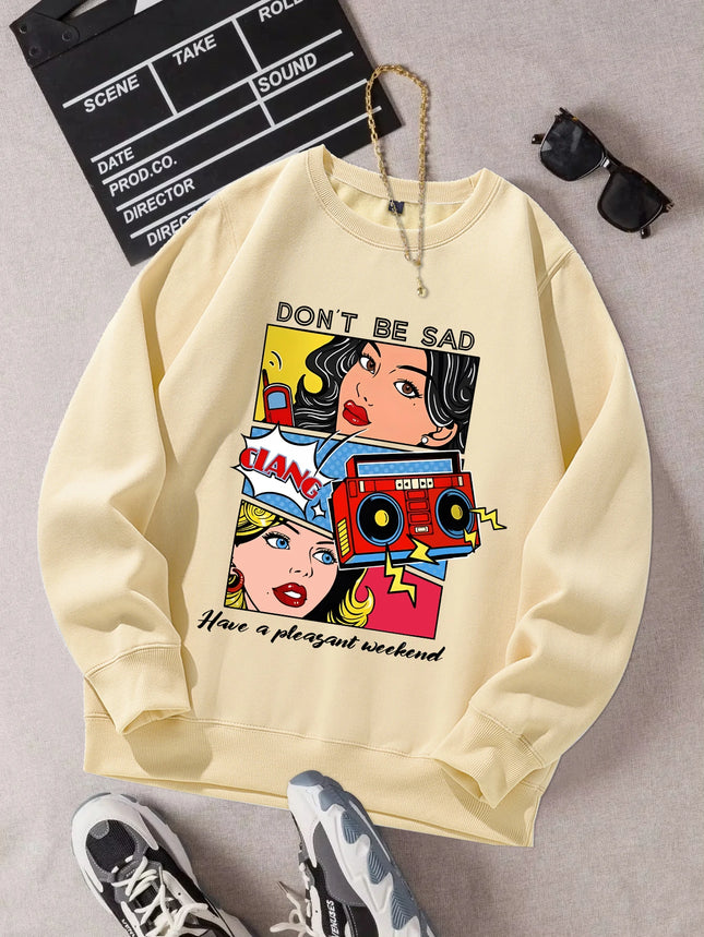 Cartoon Beauty Printing Sweatshirts For Womens Casual Comfortable Crewneck Hoodies Loose Fleece Warm Sportswear Clothes