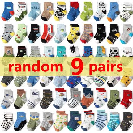 1/3/6/9/12 Pairs Kids Cotton Socks Sets for Baby Boys Non-slip Cute Cartoon Patterned Breathable Baby Trampoline Floor Socks