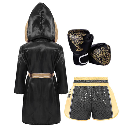 Boys Girls Halloween Carnival Boxer Cosplay Costume Boxing Robe Outfit Long Sleeve Satin Pugilism Hooded Cloak with Belt Shorts