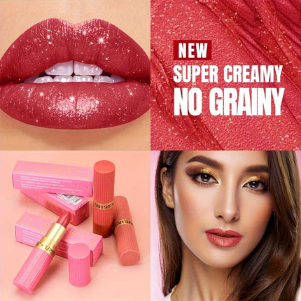 Coral Pearlescent Lipstick - Waterproof, Long-Lasting Shimmer Gloss with Golden Cap, Non-Sticky Formula, Easy Application