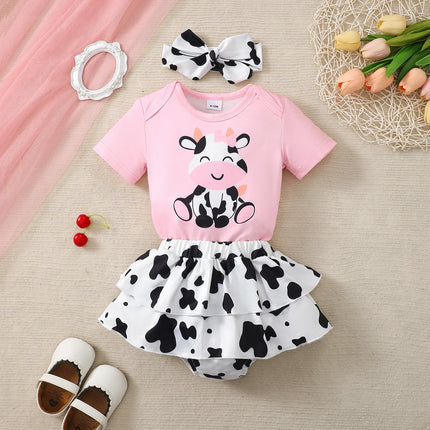3PCS Cute Cow Pattern Baby Girl Clothes Set Short Sleeve Bodysuit+Short Skirt+Headband Summer Daily Wear for 1-18 Months Toddler