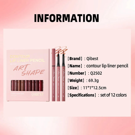 QIBEST Matte Lip Liner Set 12 Colors Nude Shades Lipliner Pen Waterproof Lip Contouring Pencils Lasting Makeup Kits Lipstick Pen
