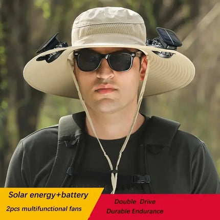 New Men's Fashion Wide Brim Solar Fan Hat UPF50+ Sun Protection with Dual Power (Solar USB) Adjustable Outdoor Beach Fishing Hat